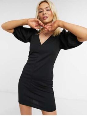 ASOS Black V-Neck Puff Sleeve Mini Dress